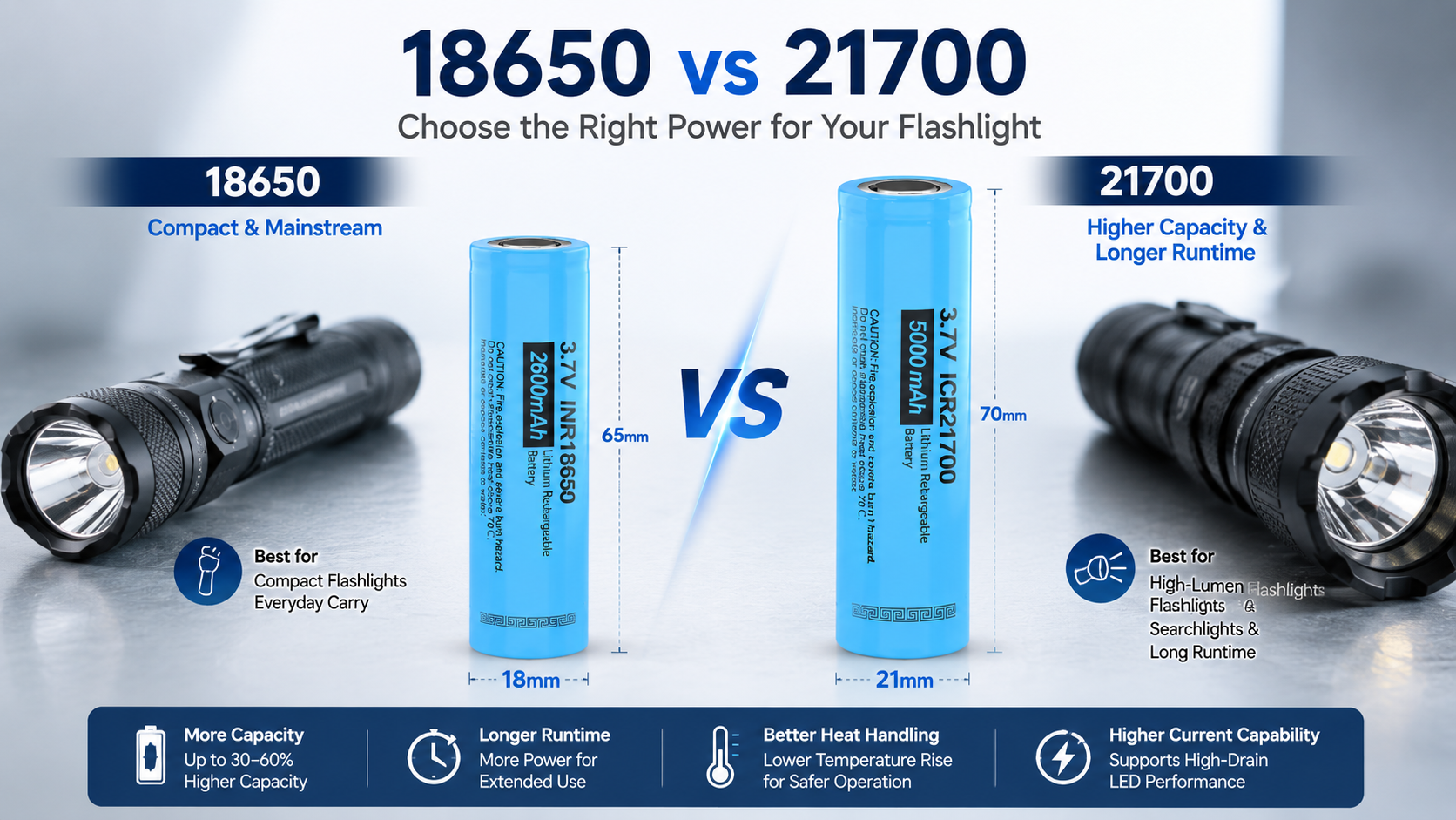 Comparison of 18650 and 21700 rechargeable flashlight batteries