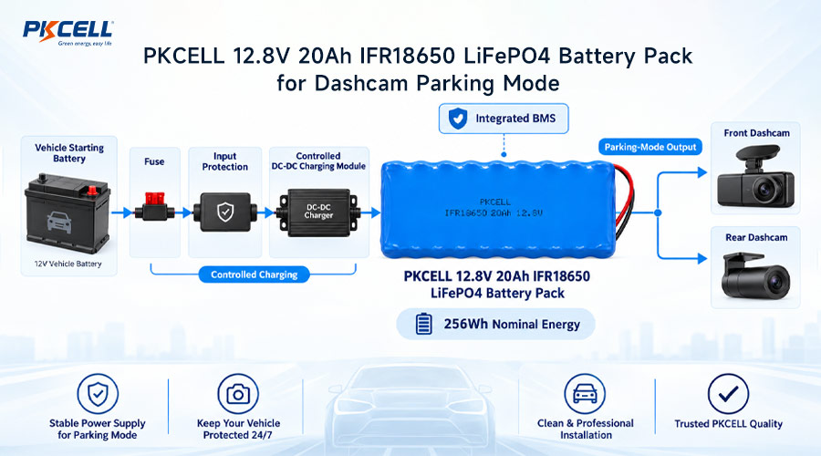 PKCELL 12.8V 20Ah IFR18650 LiFePO4 Battery Pack for Dashcam Parking Mode