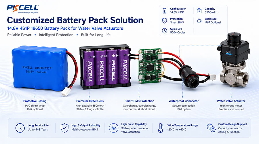 Customized 14.8V 4S1P 18650 lithium battery pack with BMS connector and water valve actuator module