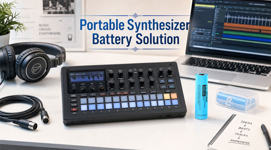 Portable music synthesizer powered by a rechargeable lithium battery pack