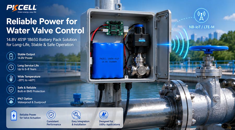 14.8V 4S1P 18650 battery pack powering a water valve actuator in a utility control box