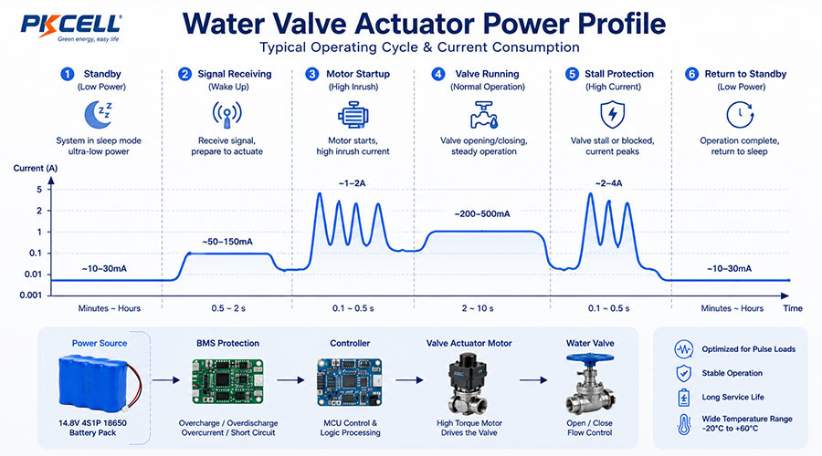 Water valve actuator power profile showing standby signal receiving motor startup valve running and standby