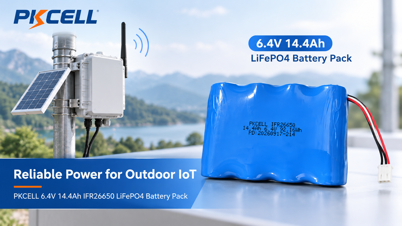 PKCELL 6.4V 14.4Ah IFR26650 LiFePO4 battery pack for outdoor LoRa gateway and IoT communication equipment