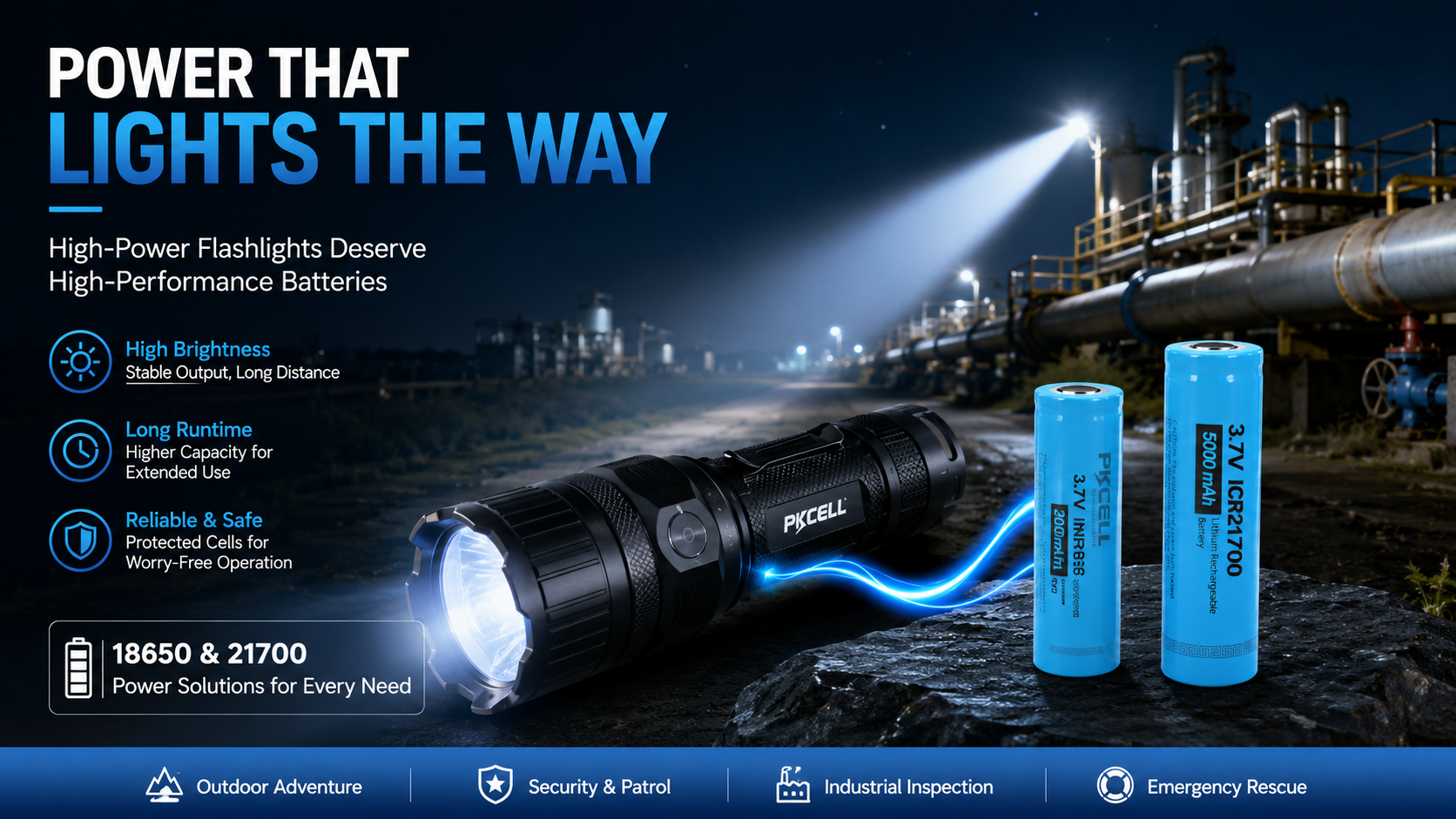 Rechargeable lithium-ion battery powering a high-power LED flashlight